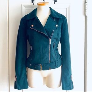 Emerald Green Faux Suede Belted Moto Jacket M